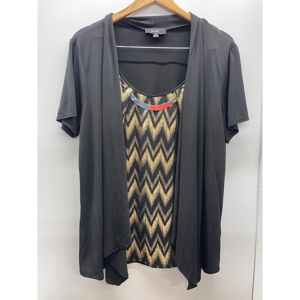 Naif Womens 2X Black Gold Metallic Chevron Layered Cardigan Top Gold‎ Bar Detail